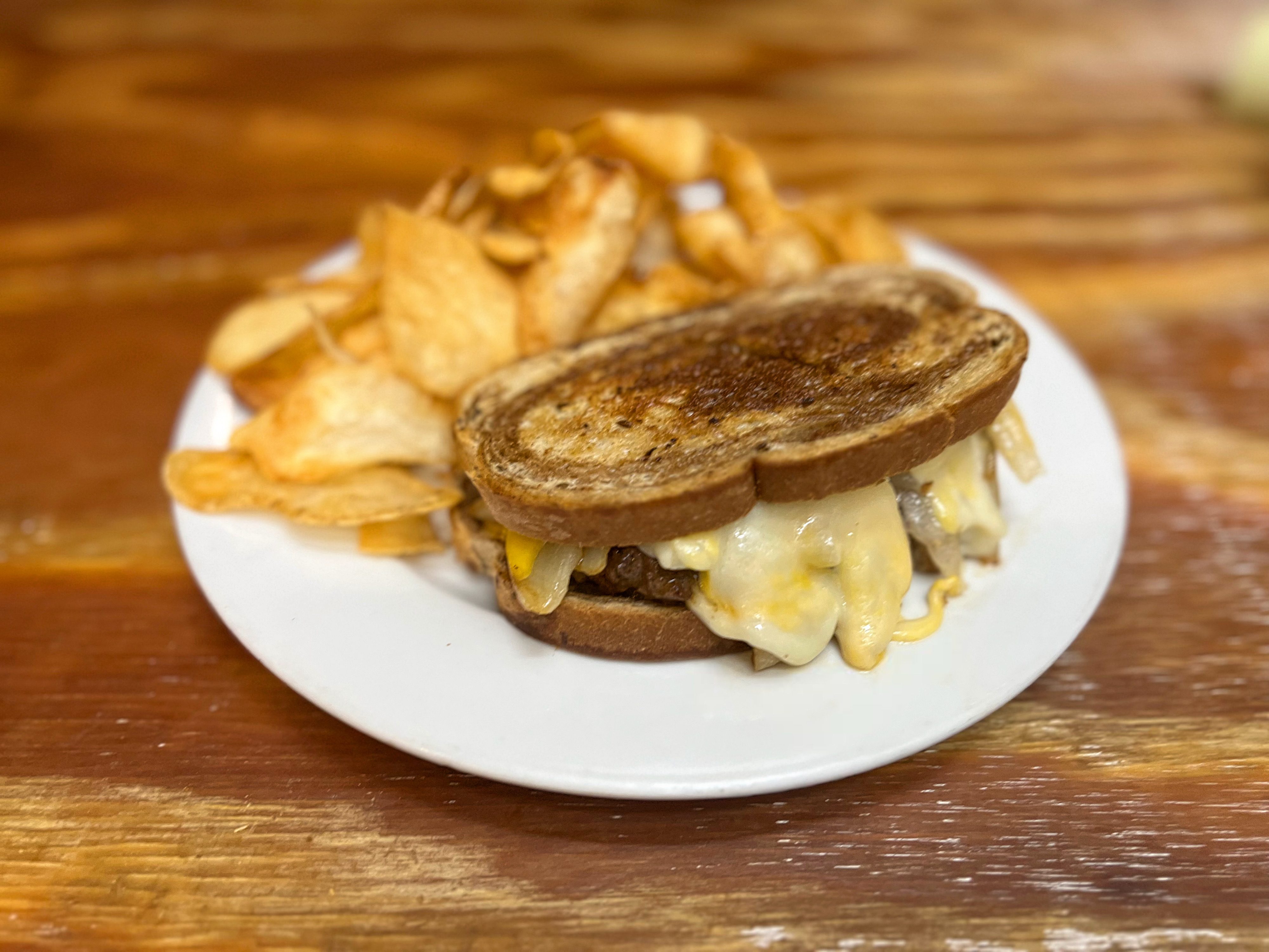 "Melt Down" Patty Melt on Rye.