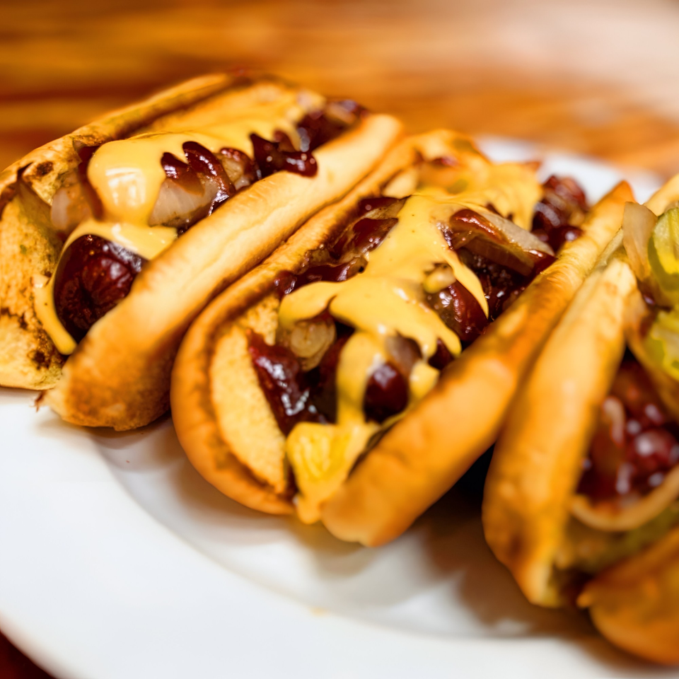 Three hot dogs in buns, topped with melted cheese, caramelized onions, and barbecue sauce.