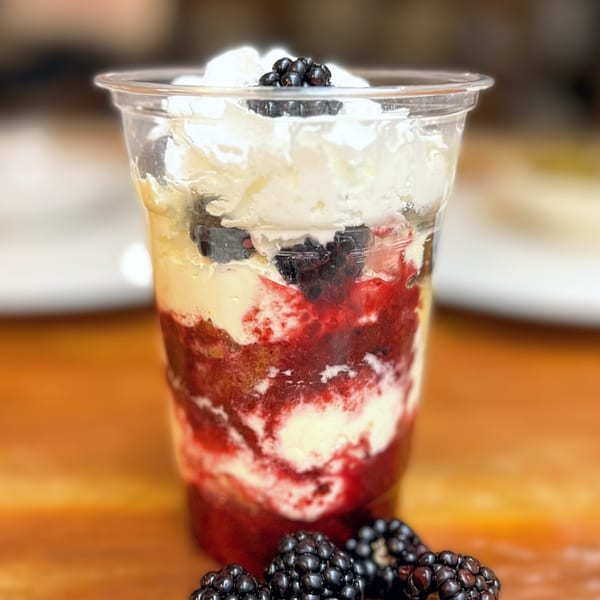 A clear plastic cup filled with layered blackberry parfait, topped with whipped cream and fresh blackberries.